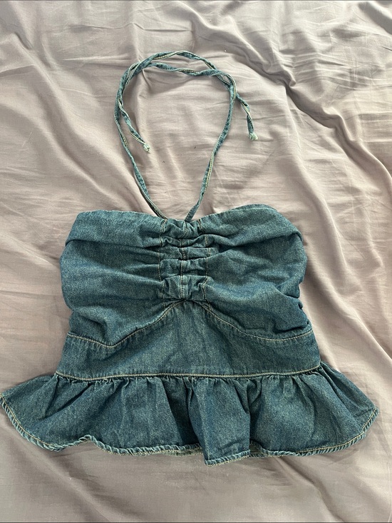 Tops - Denim Halter Ruffle Peplum Top - Blue
